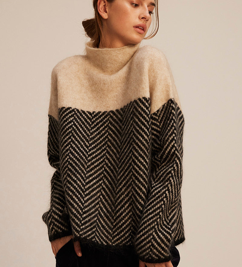 Norah | Pull en Coton Col Montant Chevrons